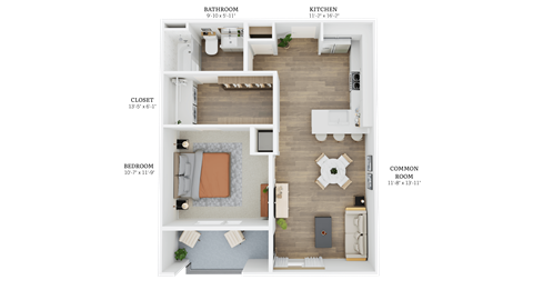 Floor plan for 1 bed, 1 bath, 739 sqft